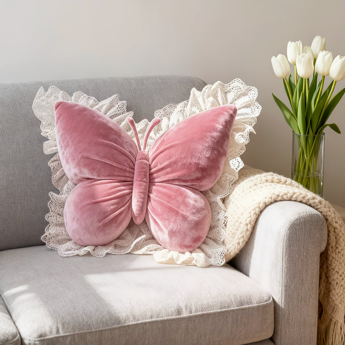 Poduszka Dekoracyjna Motyl z Koronką, Miękki Plusz, do Sypialni