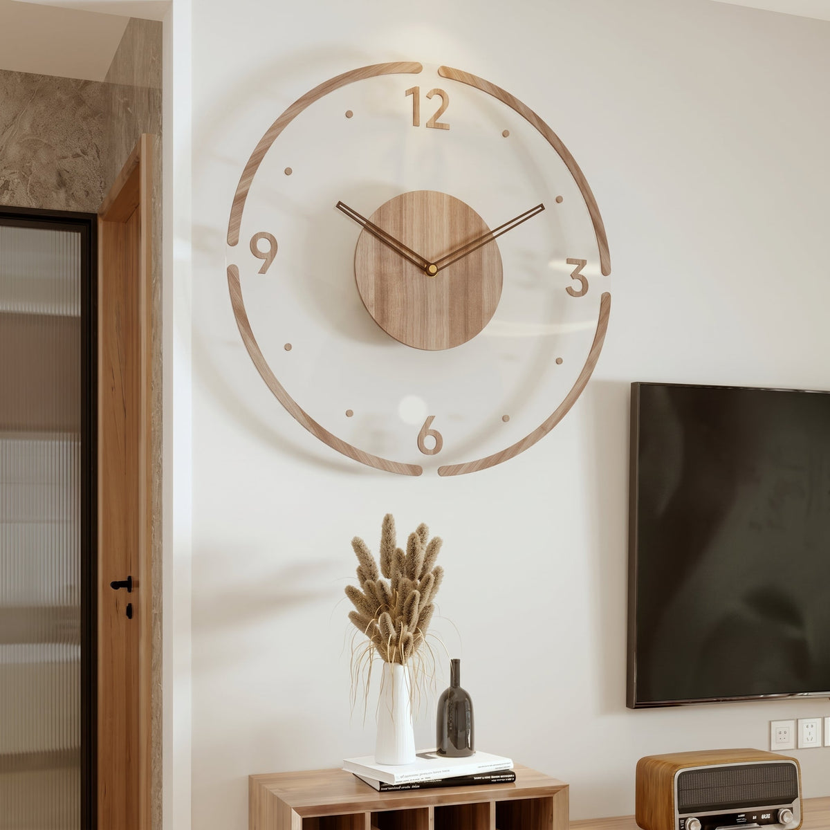 Nordycki Zegar Ścienny w Otwartej Ramie z Drewnianym Detalem, 35 cm