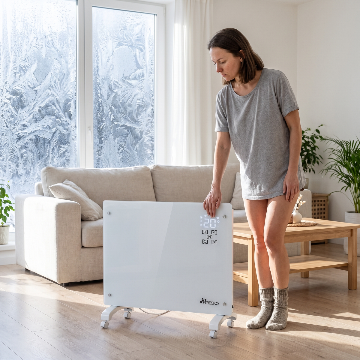 Szklany Grzejnik 1500/2000 W z Termostatem i WiFi, na Kółkach, do Domu