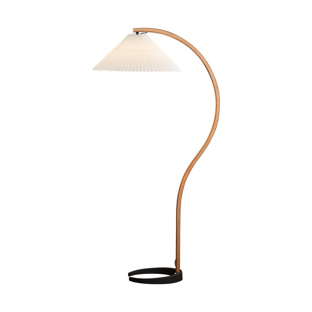 Drewniana Podłogowa Lampa Z Plisowanym Kloszem