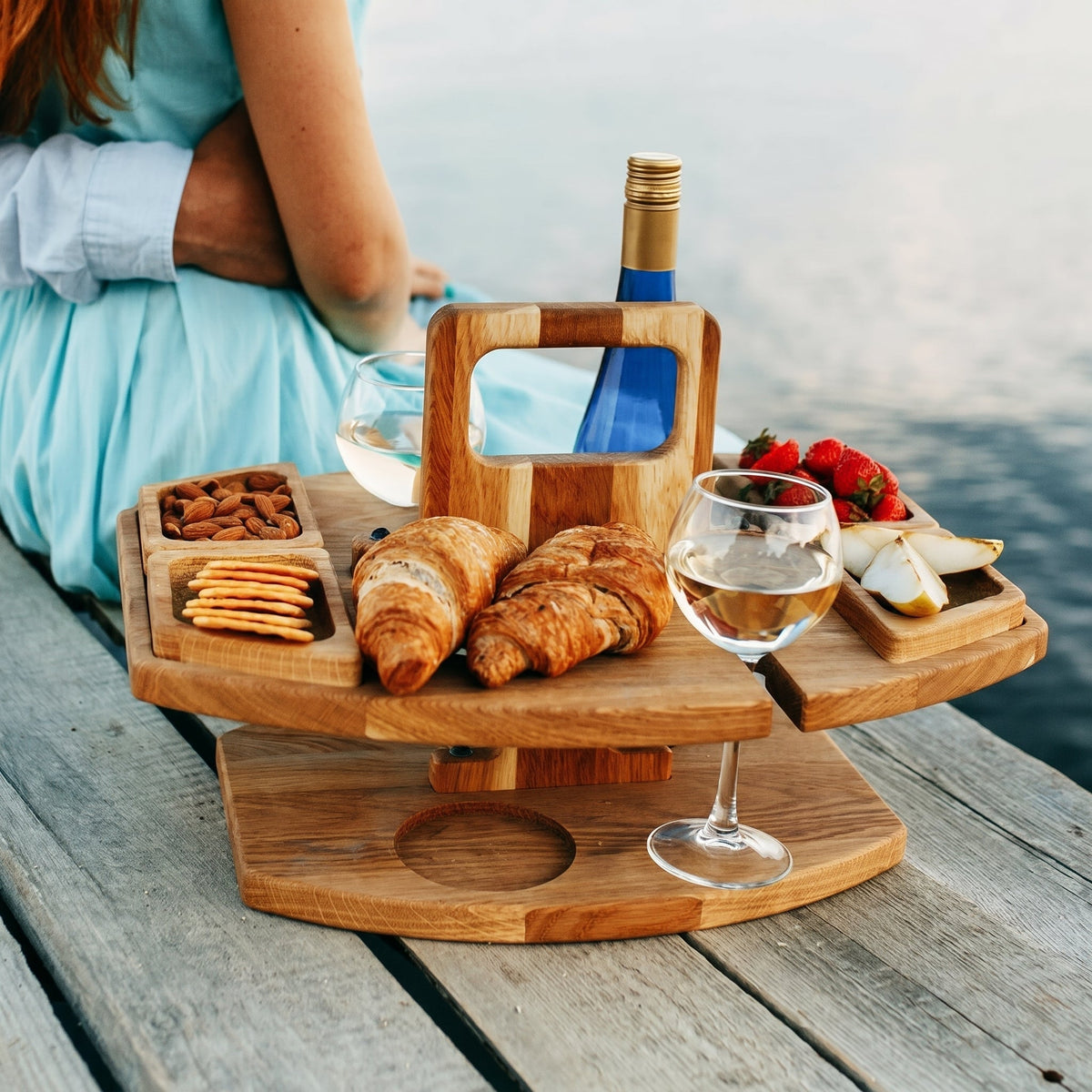 Bambusowy Stolik na Wino i Przekąski, Przenośny, na Taras i Piknik