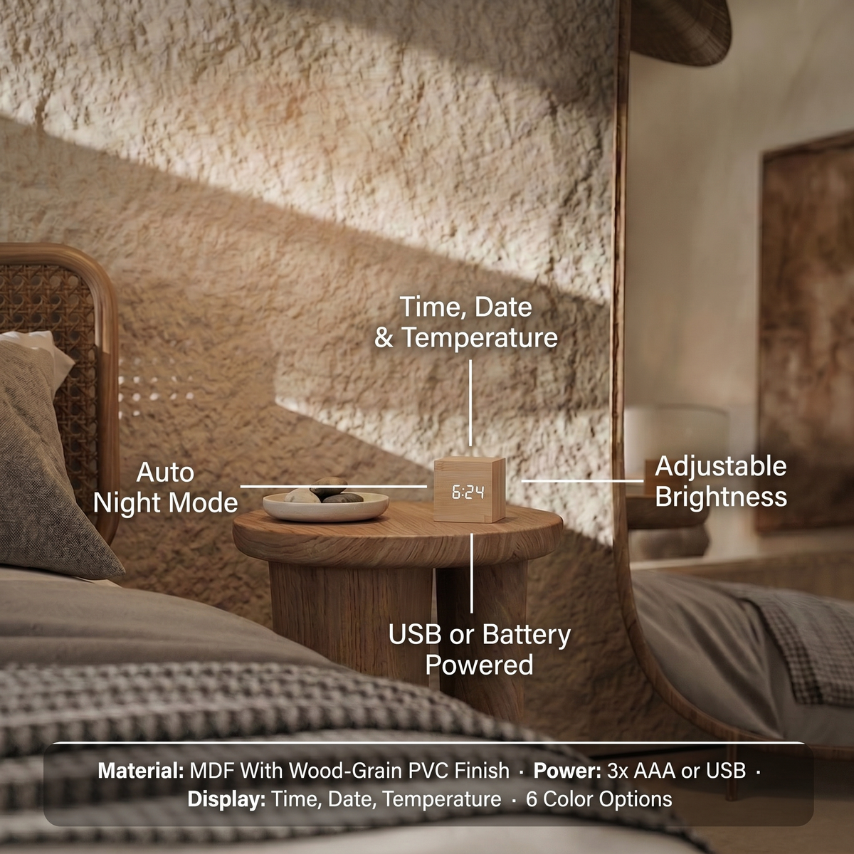 Mini wood LED alarm clock infographic - night mode, time date temperature, brightness, USB or battery