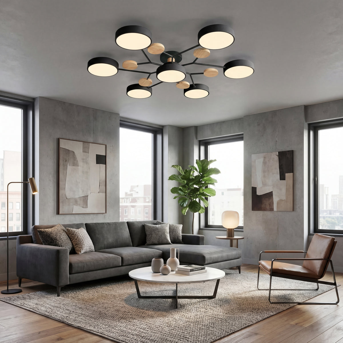 Nowoczesny Okrągły Żyrandol LED Półnatynkowy z Żelaza – widok produktu 4 | Nuvira Home