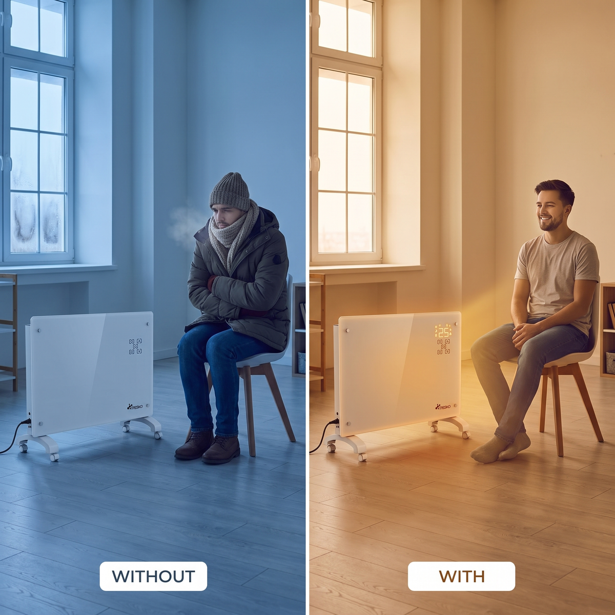 Szklany Grzejnik 1500/2000 W z Termostatem i WiFi, na Kółkach, do Domu