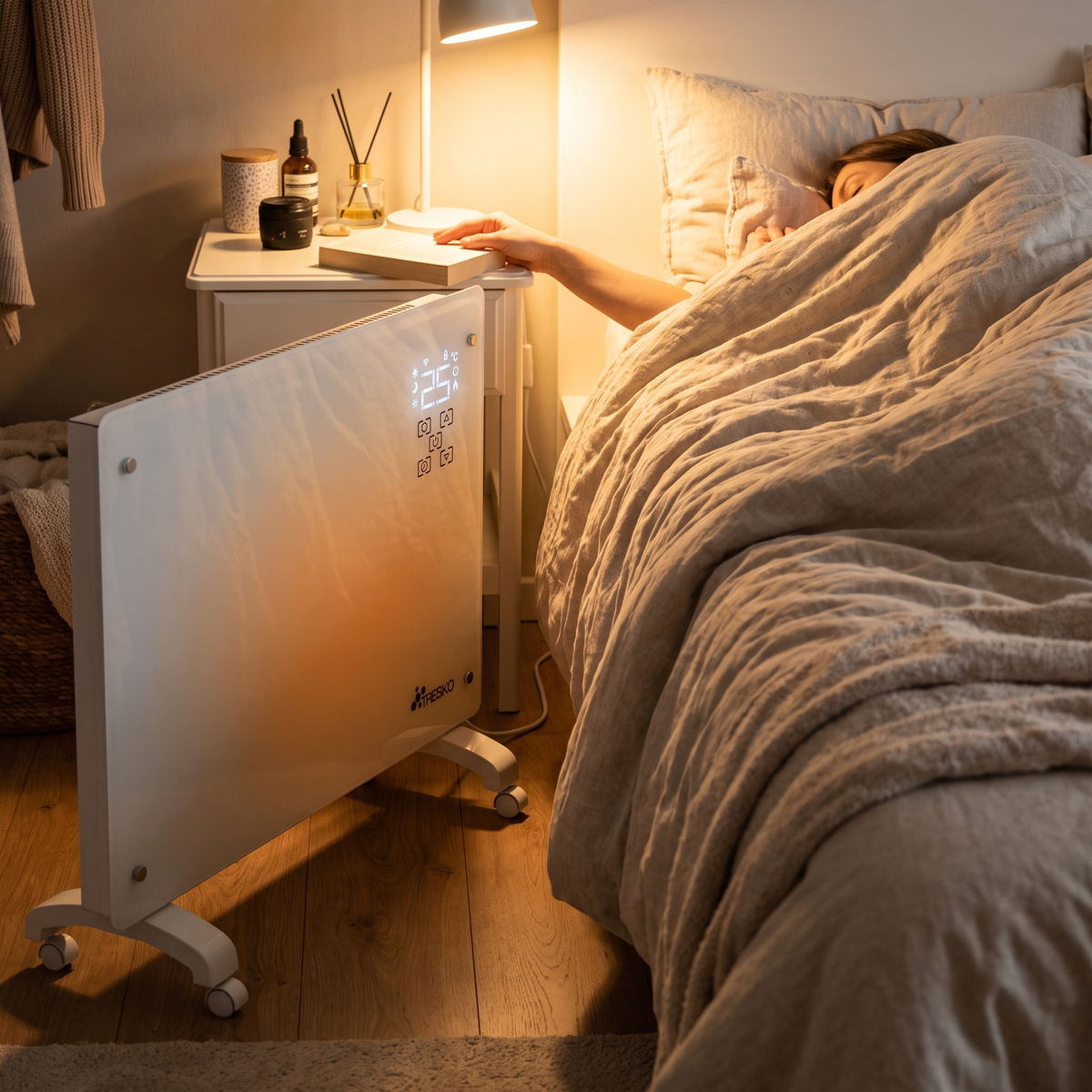 Szklany Grzejnik 1500/2000 W z Termostatem i WiFi, na Kółkach, do Domu